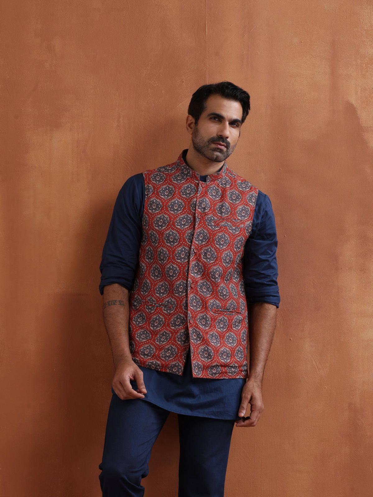 trueBrowns Men's Rust Printed Reversible Nehru Jacket | Grocsy