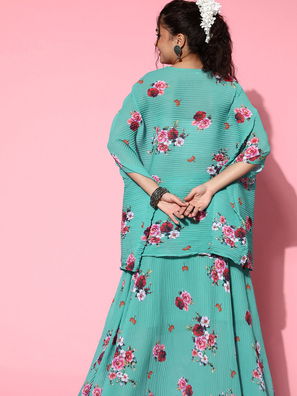 InWeave Women's Blue Floral Print Pleated Kaftan Top | Grocsy