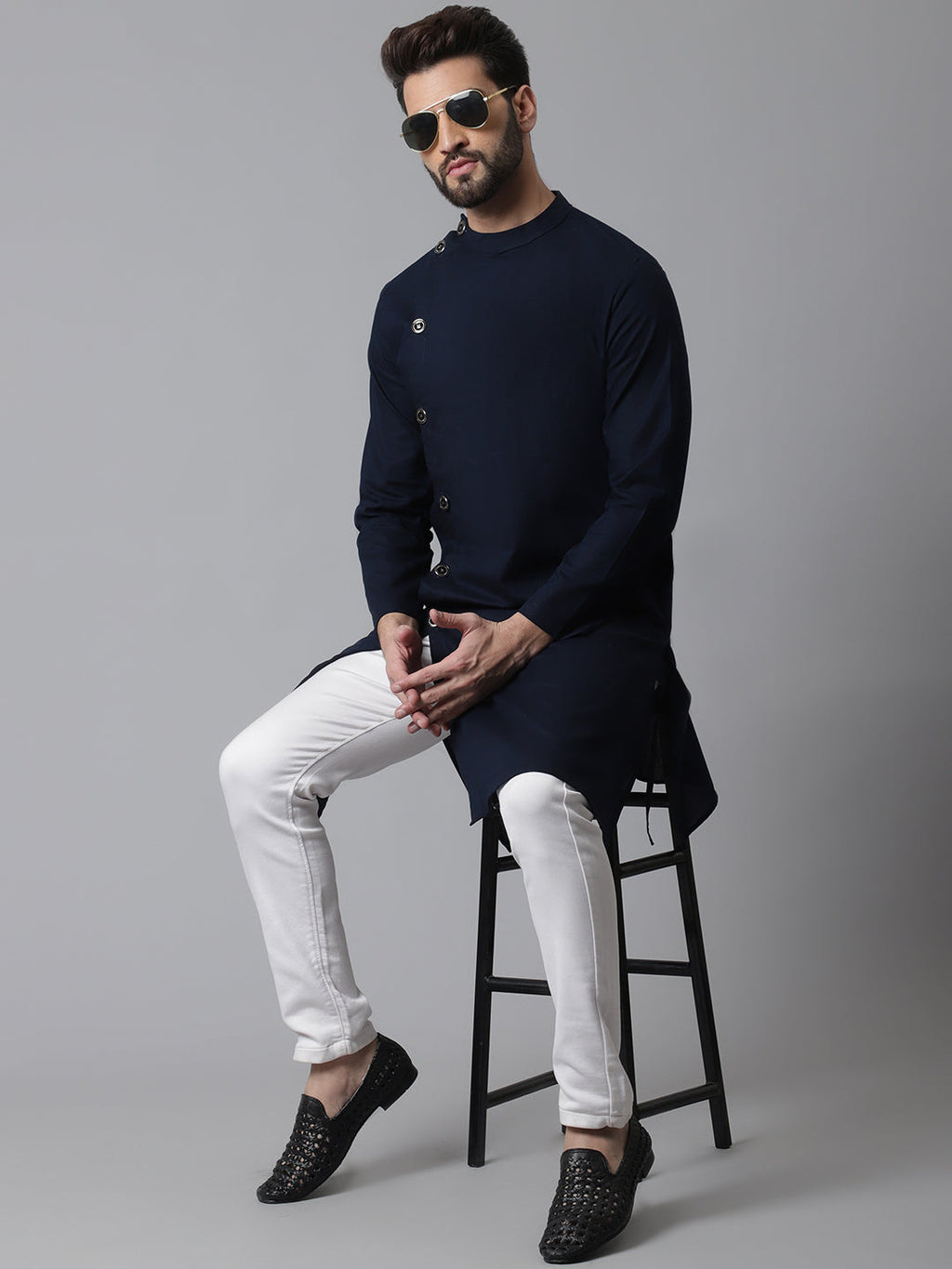 Indian Clothing Even Apparels Blue Sherwani Kurta With Asymetrical Cut | Grocsy