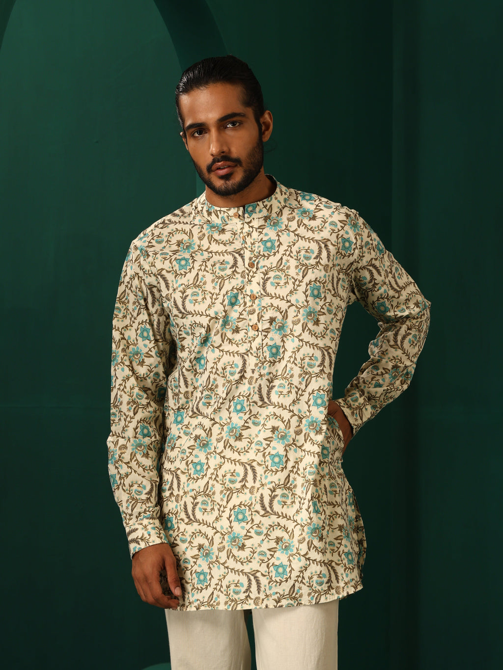 trueBrowns Men's Teal Floral Cotton Printed Co-ord Set | Grocsy