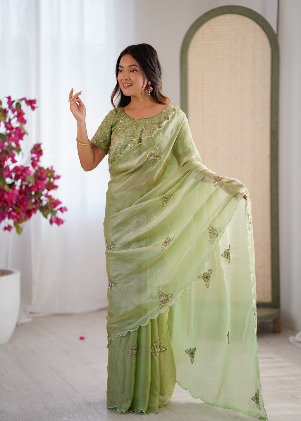 Evanik Designer Heavy Fendy Satin With Beads Embroidered Work Saree With Unstitched Blouse | Grocsy