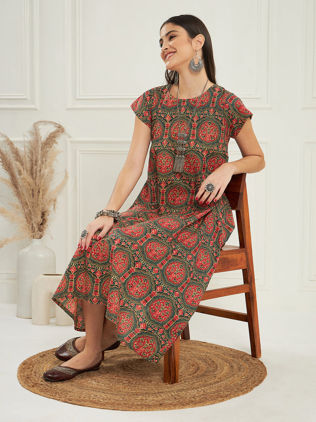 InWeave Women's Green Red Mughal Kalamkari A Line Dress | Grocsy