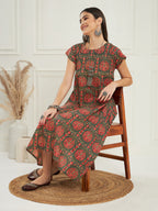 InWeave Women's Green Red Mughal Kalamkari A Line Dress | Grocsy