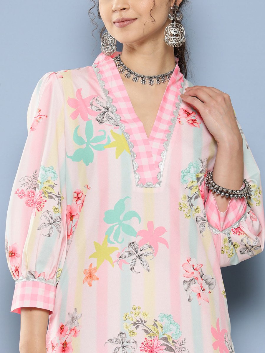 Ahalyaa Women Pink Floral Printed Gotta Patti Kurta with Palazzos | Grocsy