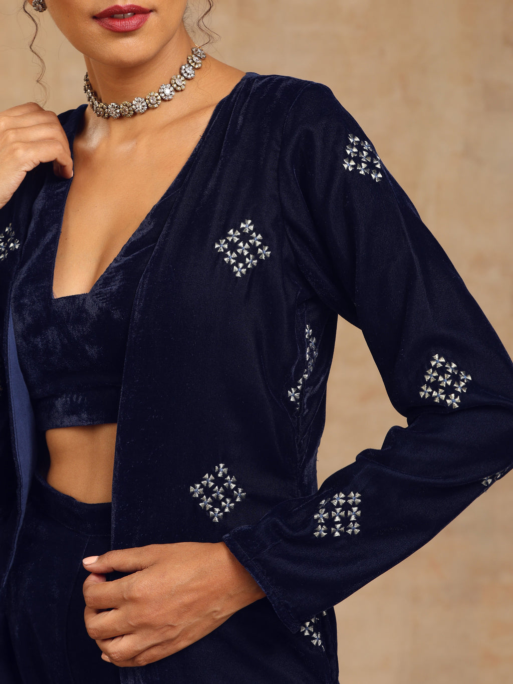 trueBrowns Midnight Blue Velvet Embroidered Jacket Set | Grocsy