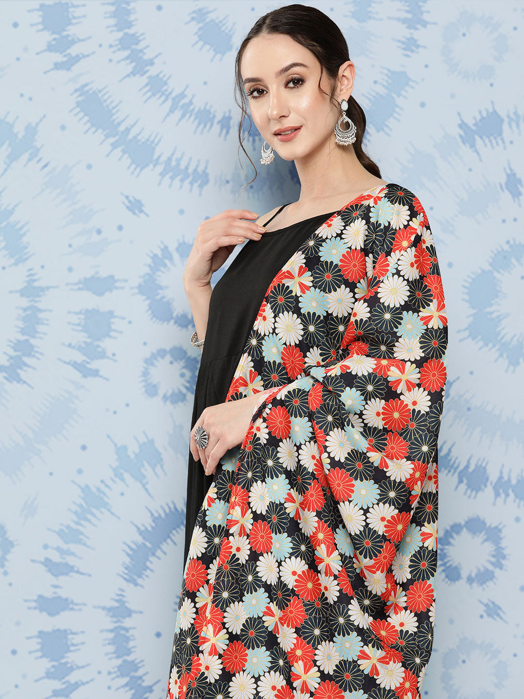 InWeave Women's Black Strappy Set With White Red Round Motif Dupatta | Grocsy