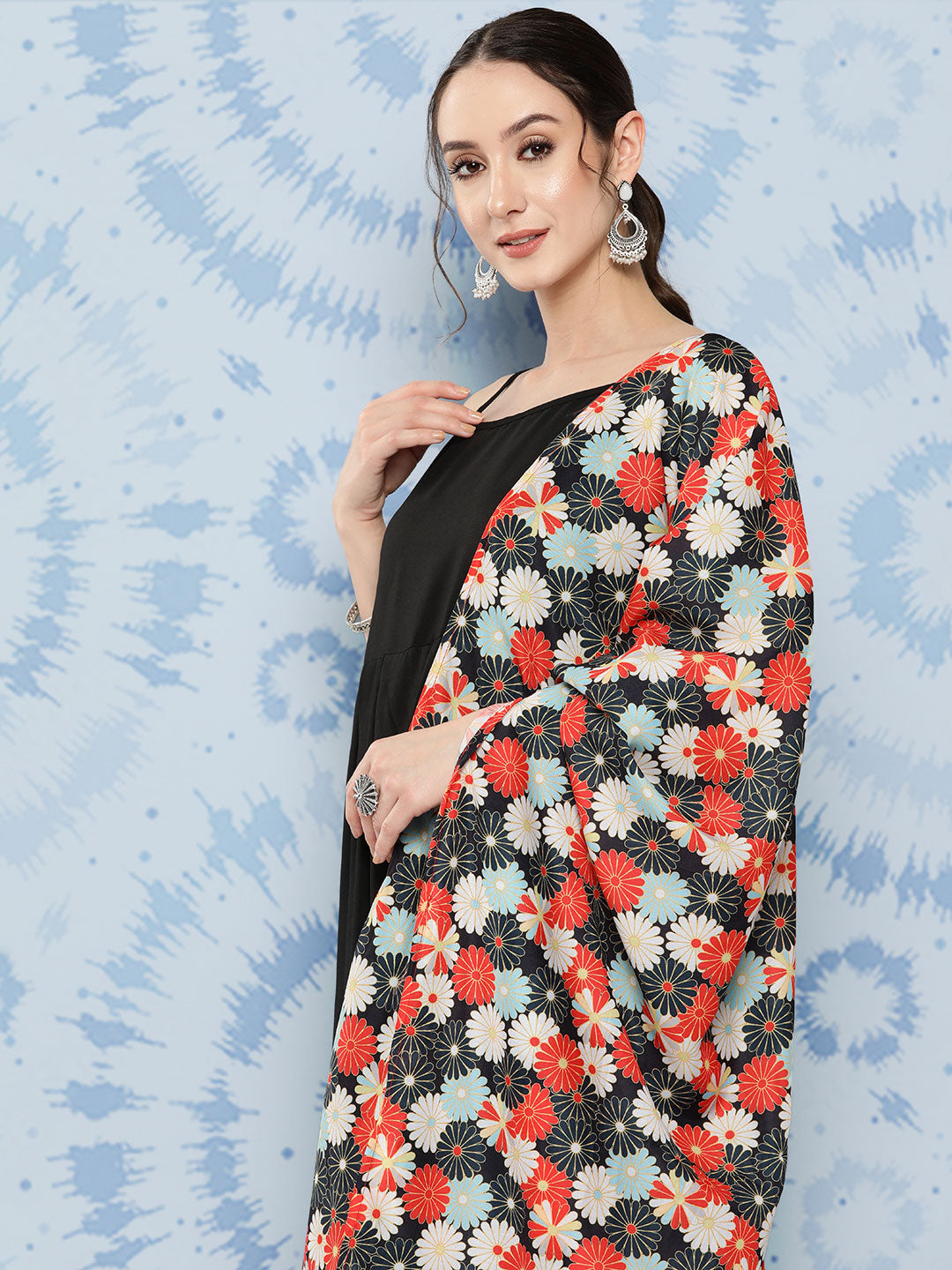 InWeave Women's Black Strappy Set With White Red Round Motif Dupatta | Grocsy