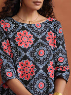 trueBrowns Black Ajrak Print A-line Kurta Set | Grocsy