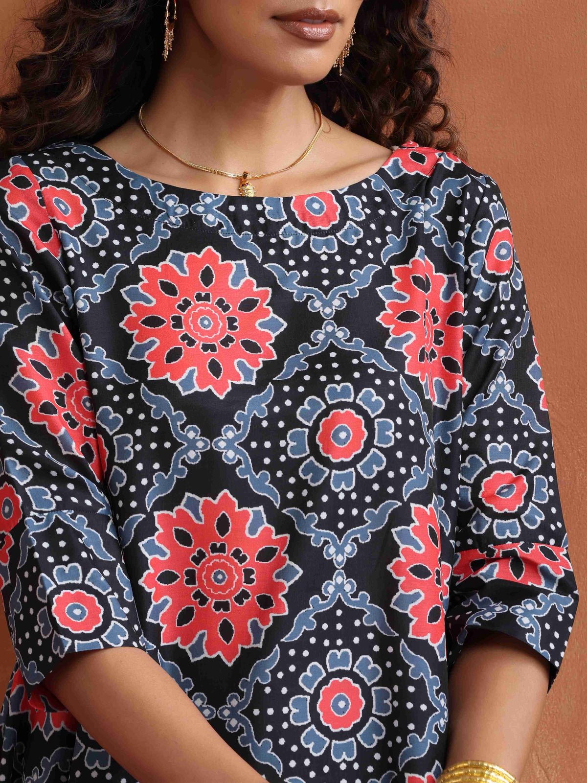 trueBrowns Black Ajrak Print A-line Kurta Set | Grocsy