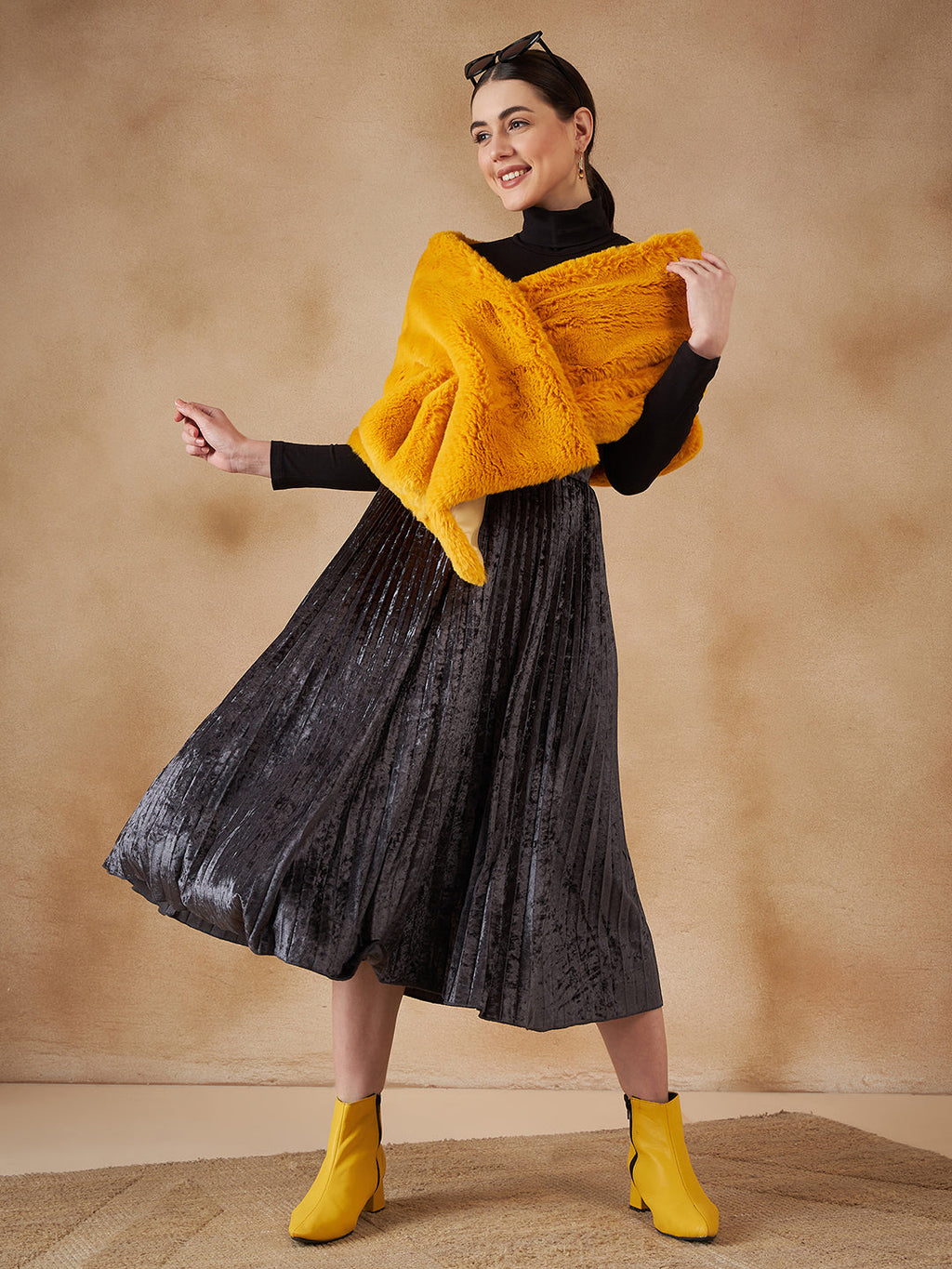 InWeave Women's Yellow Long Faux Fur Cape | Grocsy