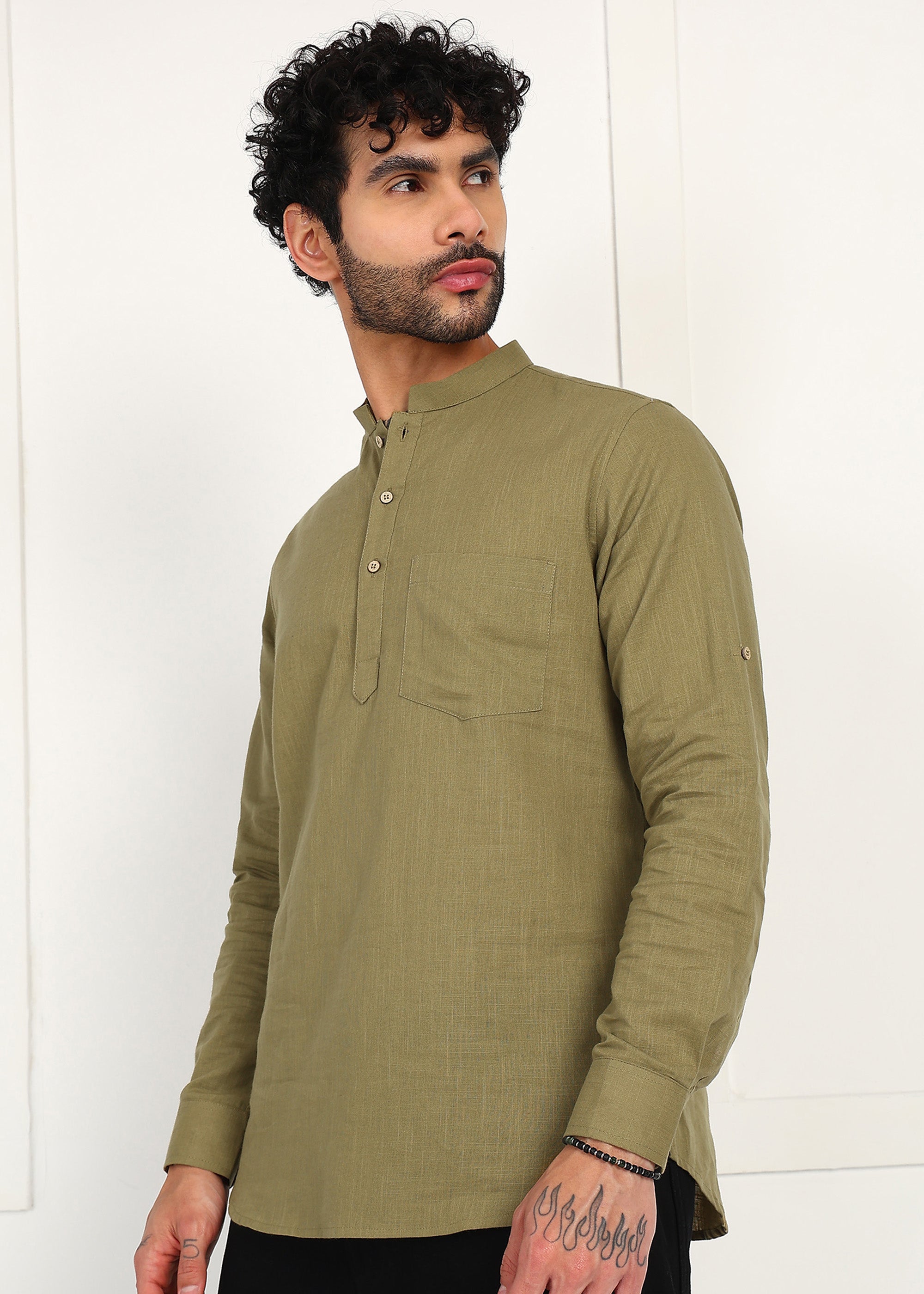Fabmade Olive Root Linen Short Kurta | Grocsy