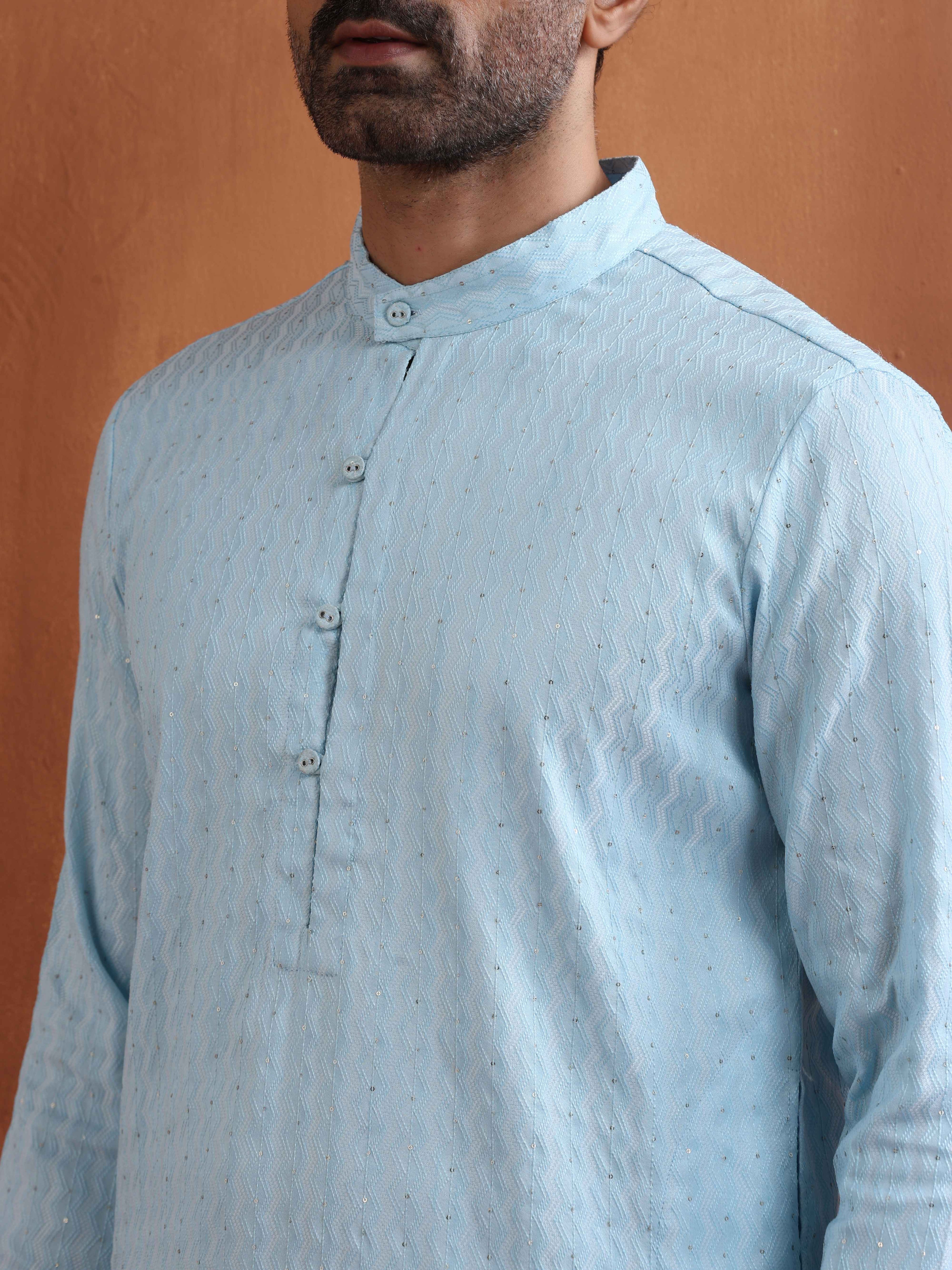 trueBrowns Men's Blue Sequin Chanderi Kurta | Grocsy