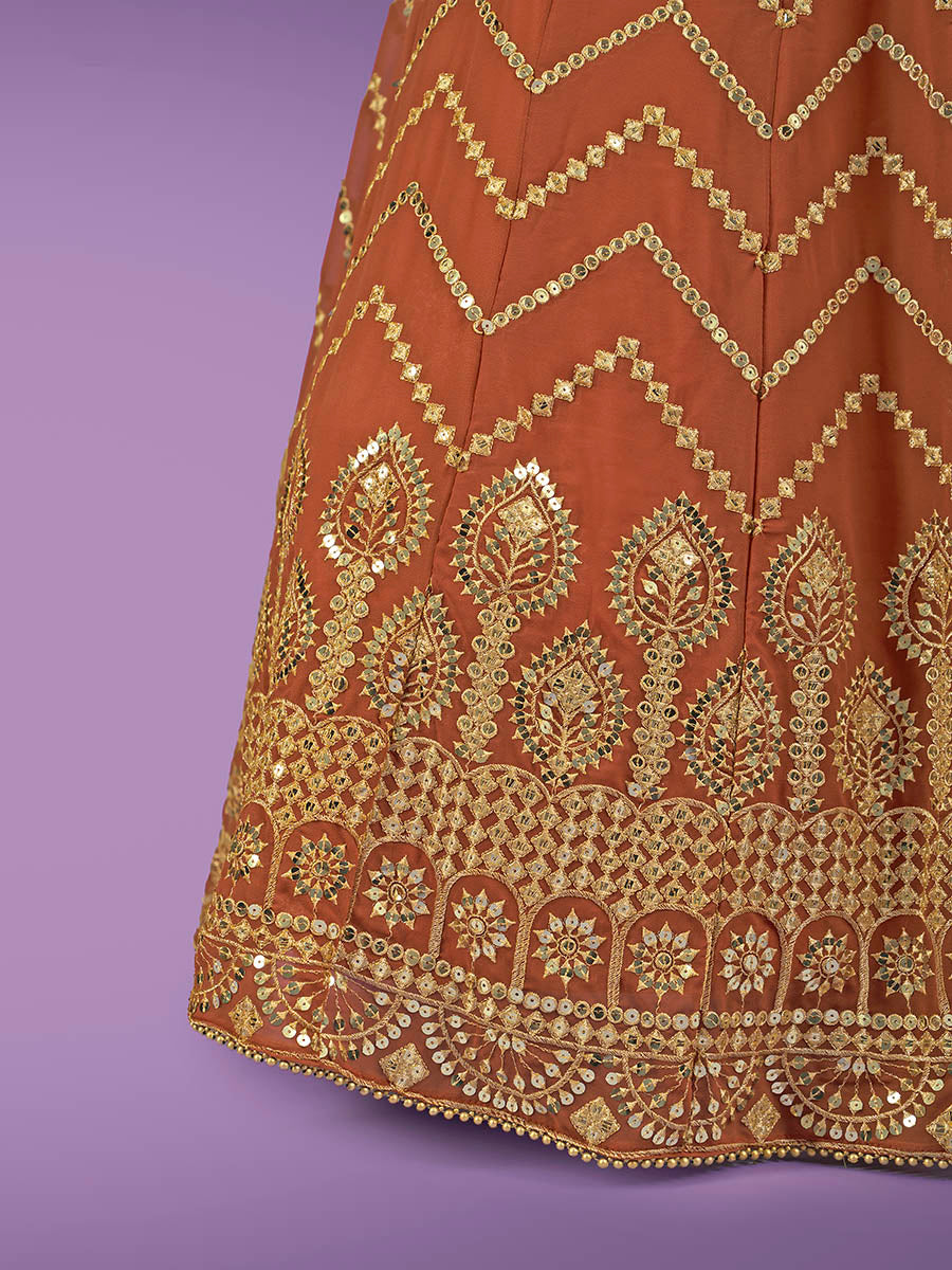 Myra Orange Georgette Embroidered Designer Lehenga | Grocsy