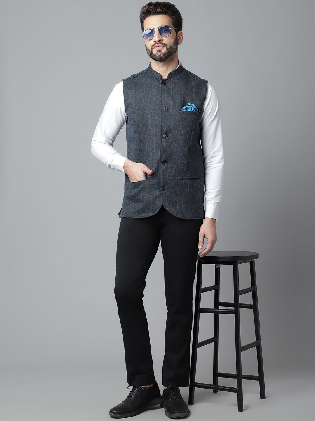 Even Apparels Men's Blue Nehru Jacket With Welt Pockets | Grocsy