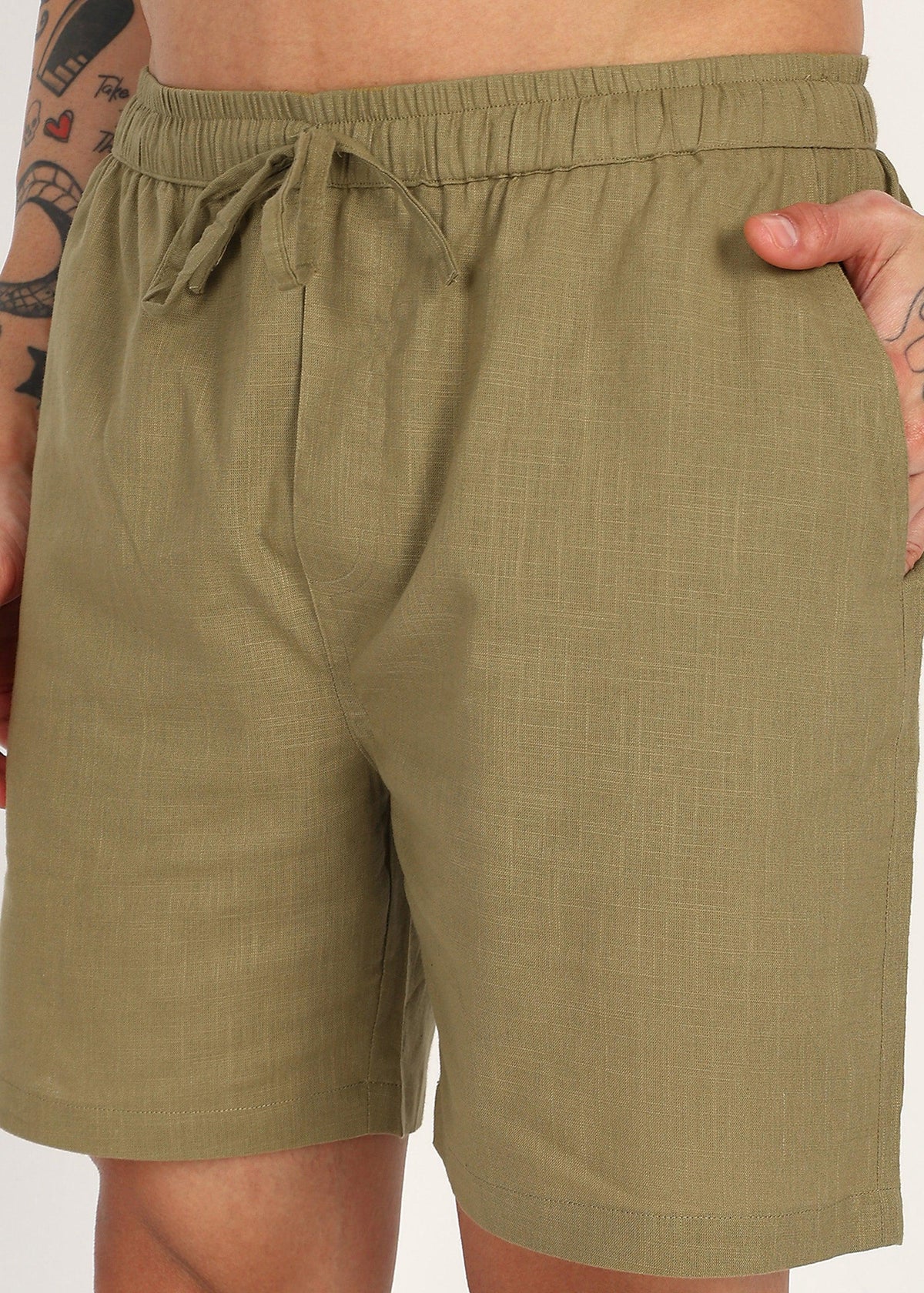 Fabmade Olive Ease Linen Shorts | Grocsy