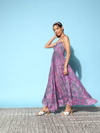 InWeave Women's Pink Paisley Print Back Detail Long Dress | Grocsy