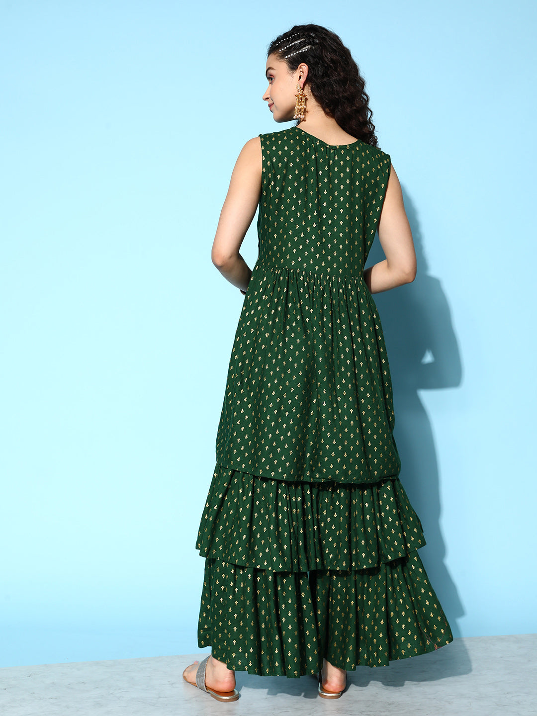 InWeave Women's Forest Green Gold Print Tiered Sharara Set | Grocsy