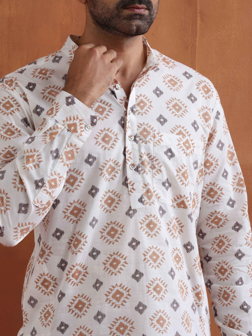 trueBrowns Men's Ivory Printed Short Kurta | Grocsy