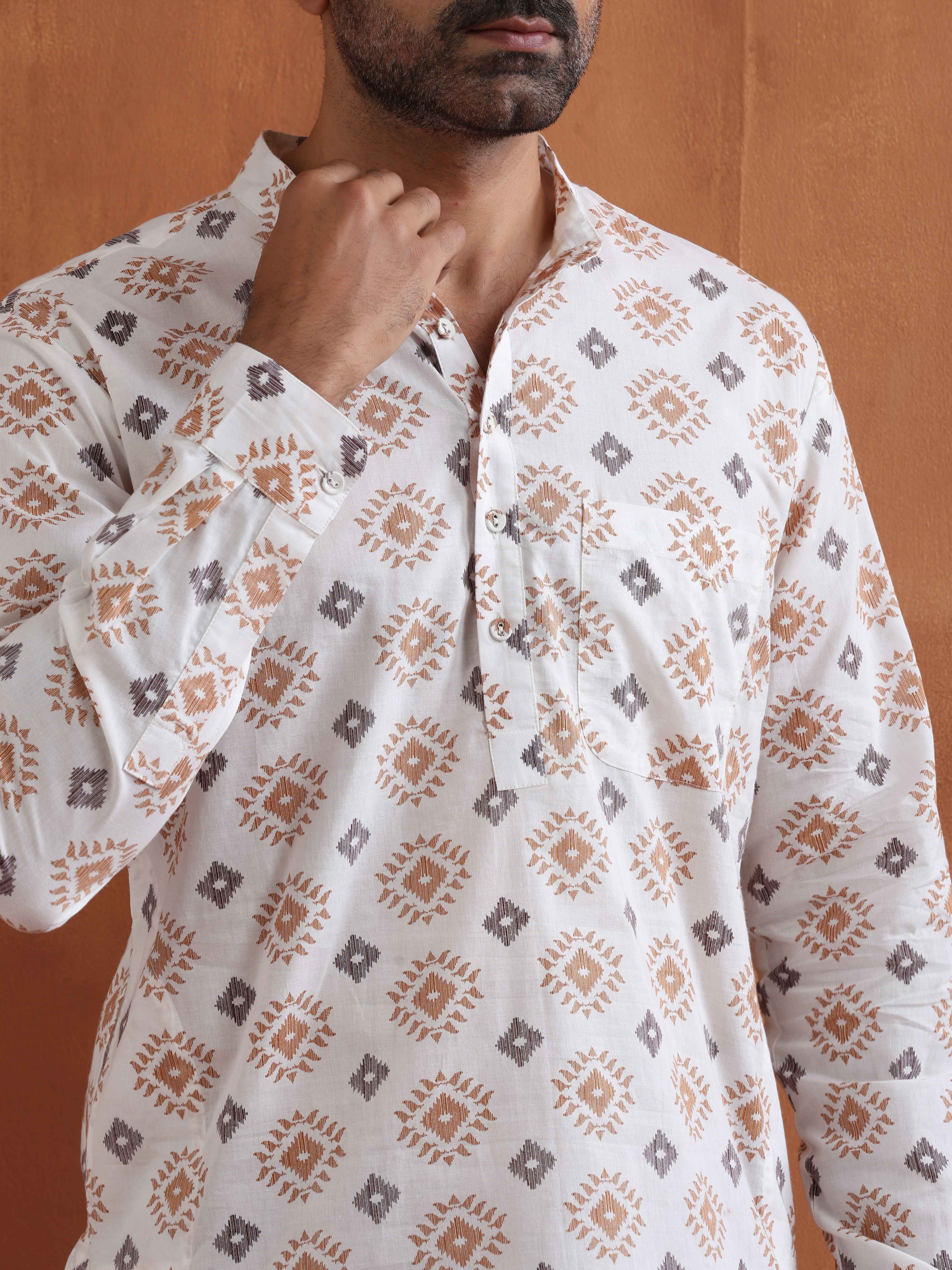 trueBrowns Men's Ivory Printed Short Kurta | Grocsy