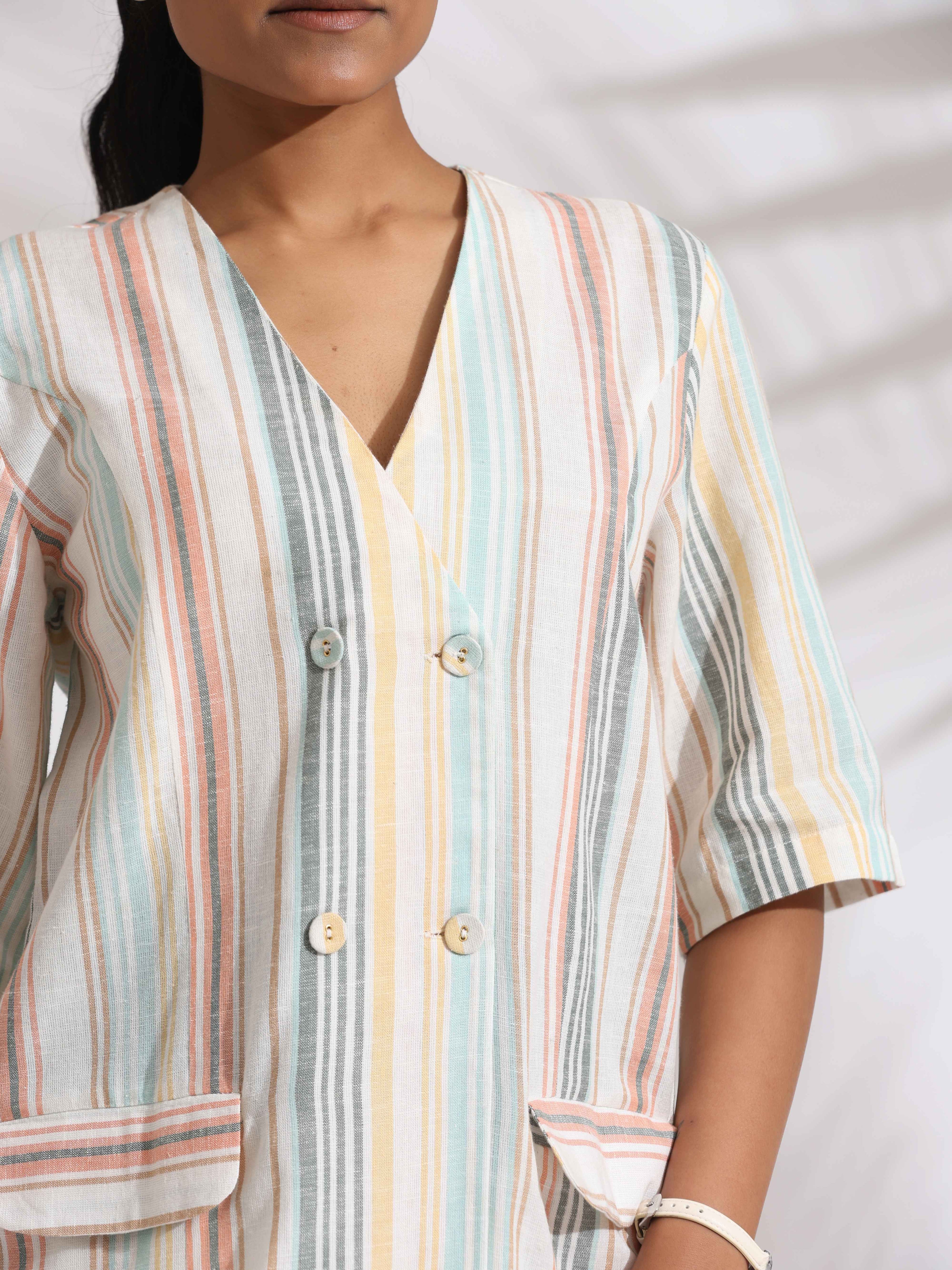 trueBrowns Off-White Cotton Stripe Jacket Top Co-ord Set | Grocsy
