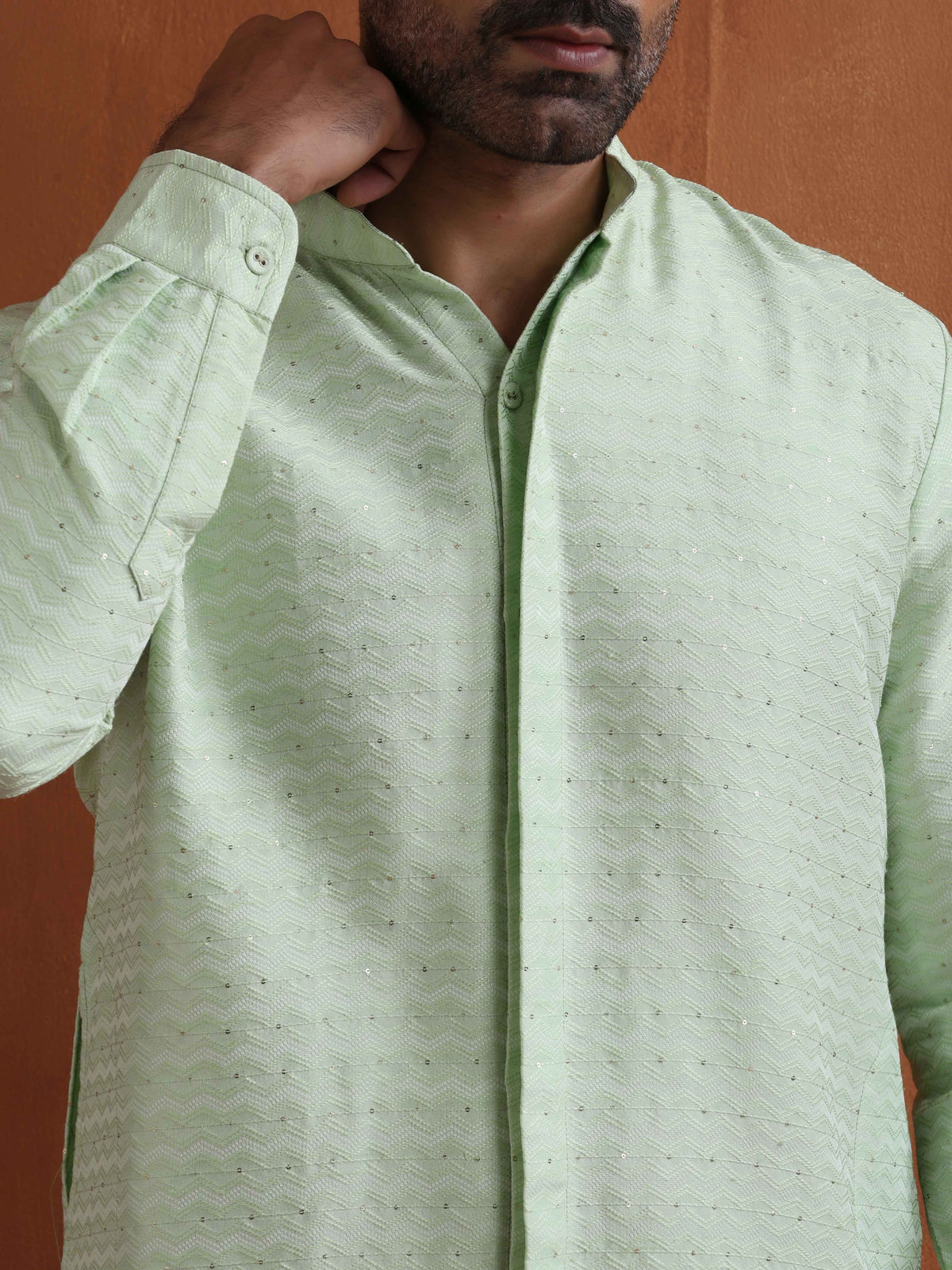 trueBrowns Men's Green Sequin Chanderi Kurta | Grocsy