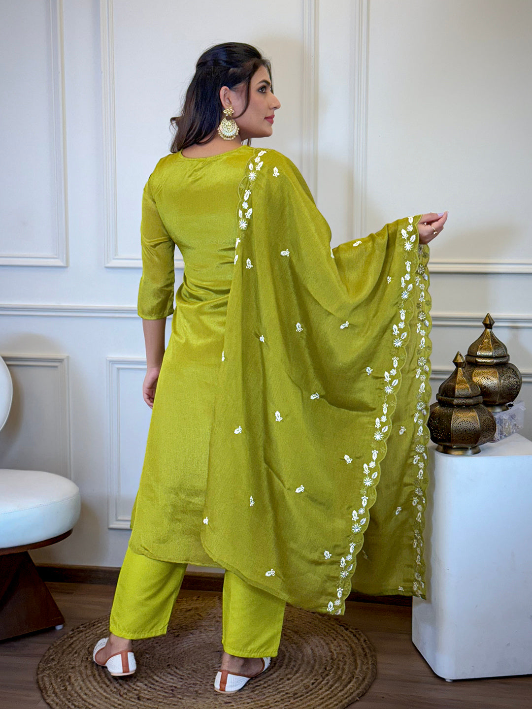 The52 Women's Gorgeous Chinon Embroidery Straight Kurta with Pant And Dupatta Set | Grocsy
