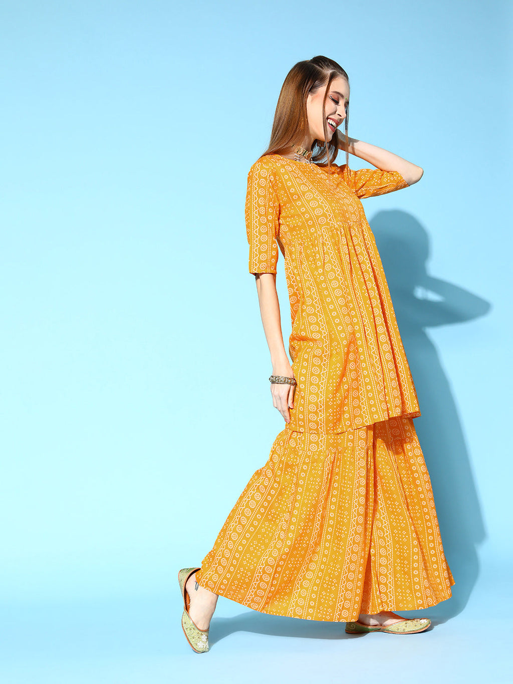 InWeave Women's Yellow Bandhani Sharara Set With Dupatta | Grocsy