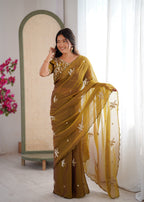 Evanik Mehendi Mos Silk With Handwork Butterfly Design Saree With Unstitched Blouse | Grocsy