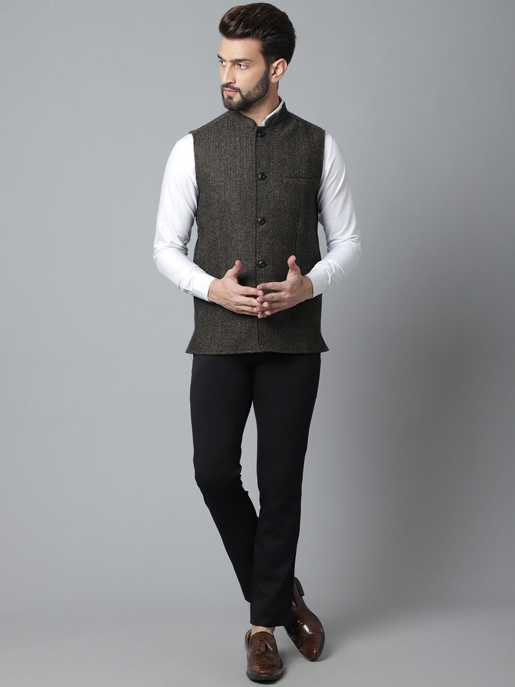 Even Apparels Men's Brown Pure Wool Nehru Jacket | Grocsy