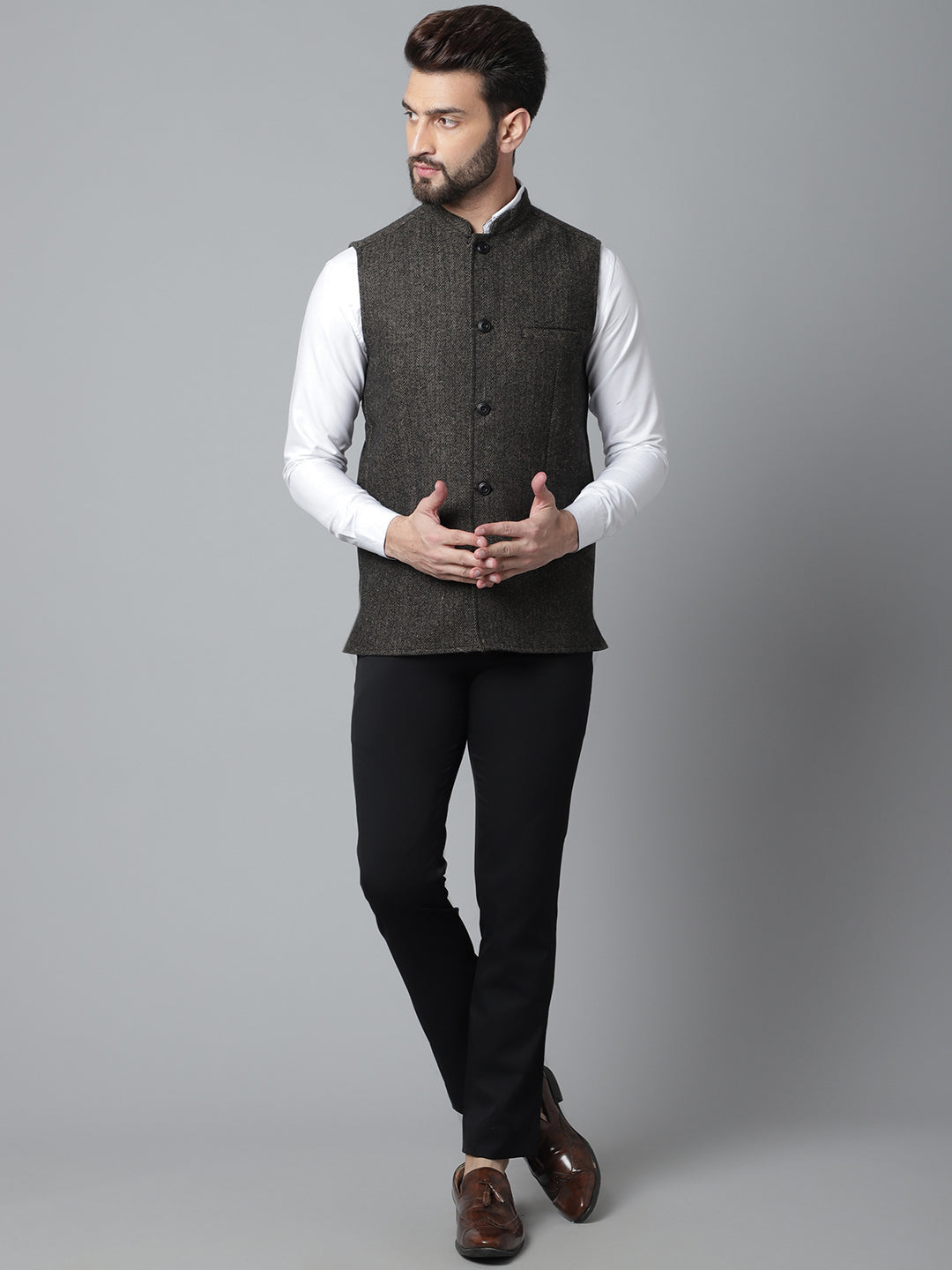 Even Apparels Men's Brown Pure Wool Nehru Jacket | Grocsy