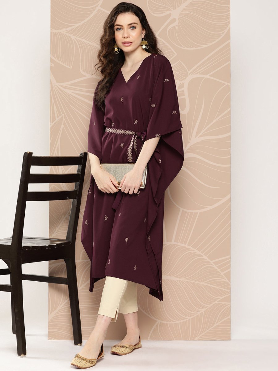 Ahalyaa Women Floral Printed Flared Sleeves Belted Detail Crepe Kaftan Kurta | Grocsy