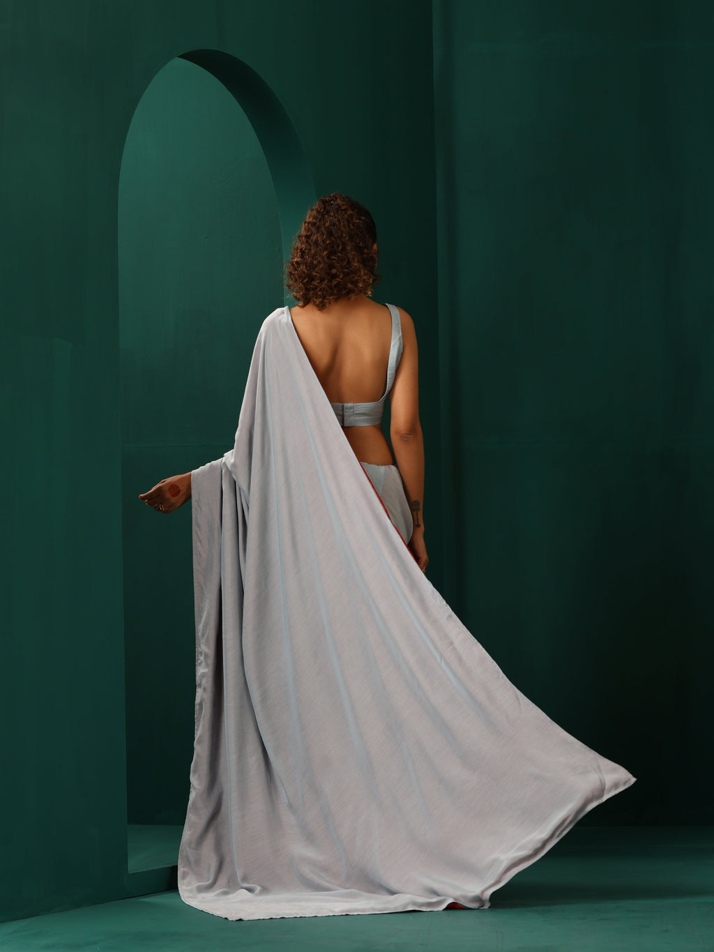 trueBrowns Powder Blue Muslin Silk Ready to Wear Saree | Grocsy
