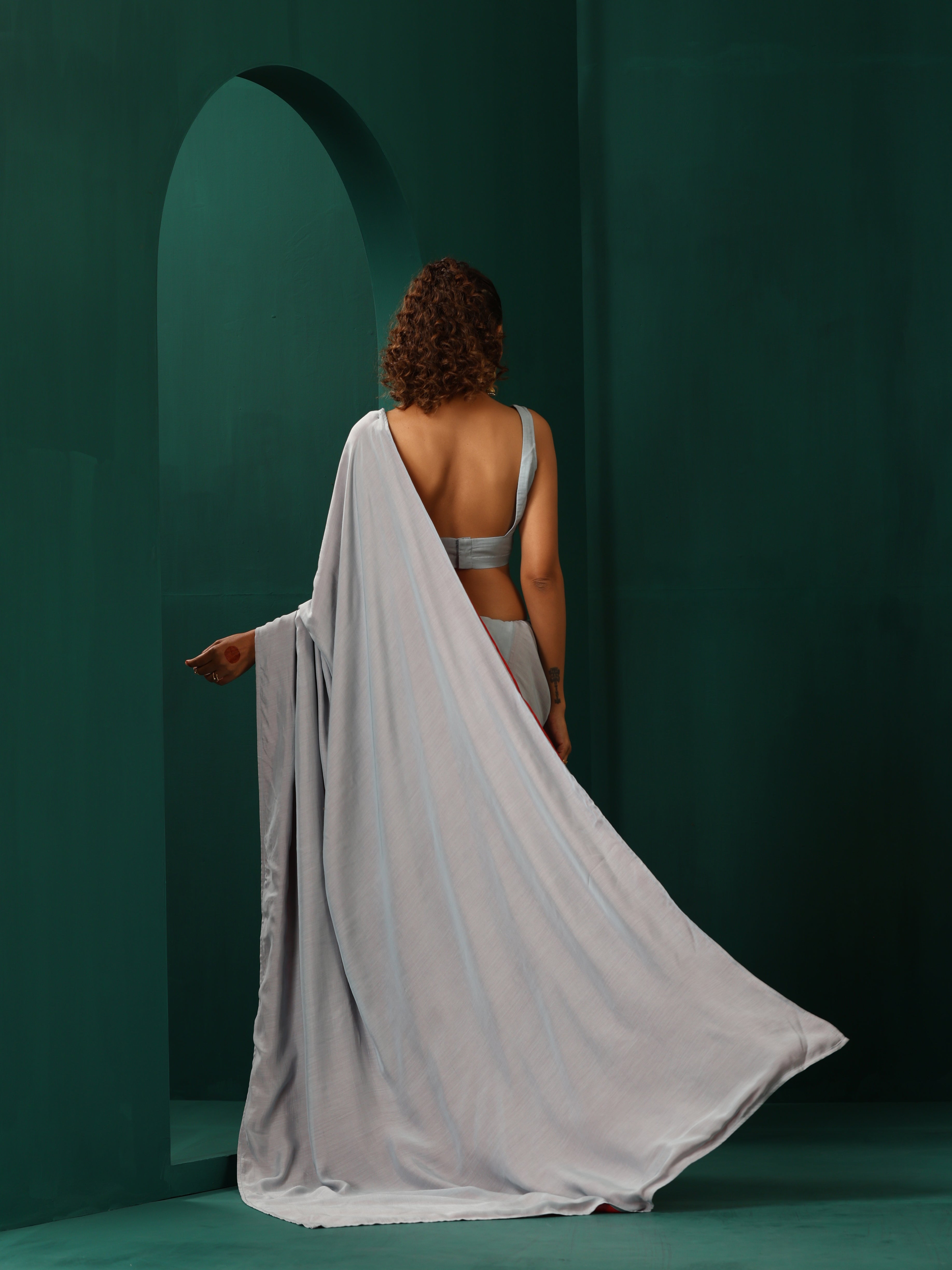 trueBrowns Powder Blue Muslin Silk Ready to Wear Saree | Grocsy