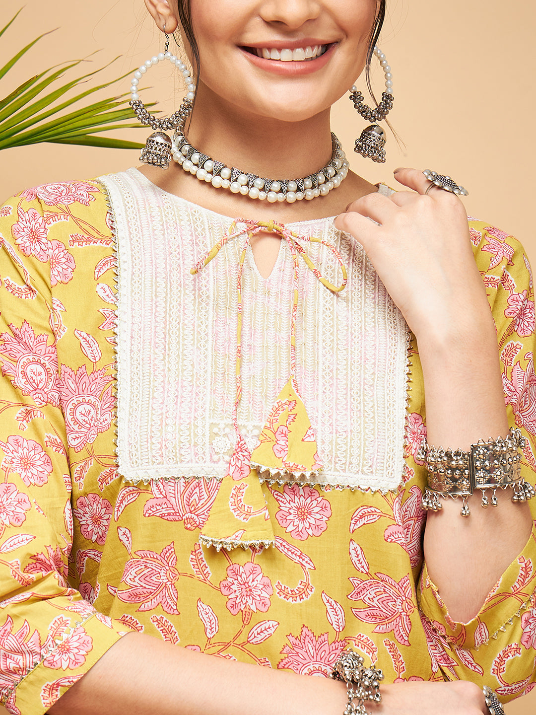 InWeave Women's Lime Pink Print Patch Cotton Straight Kurta Pant Set | Grocsy