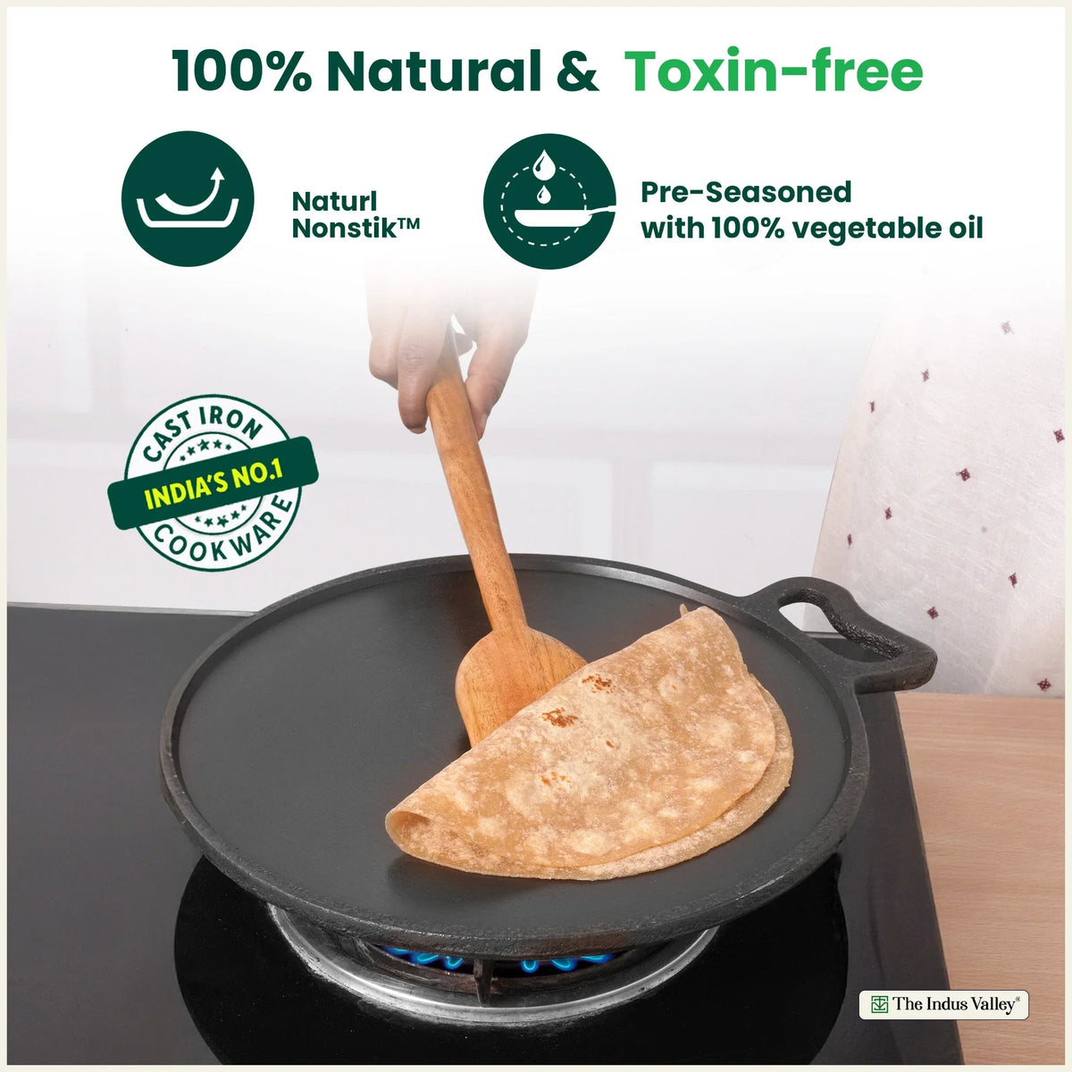 The Indus Valley Super Smooth Cast Iron Tawa,Pre-seasoned, Nonstick, 100% Pure, Toxin-free, Spatula, 26.7cm/30.2cm | Grocsy
