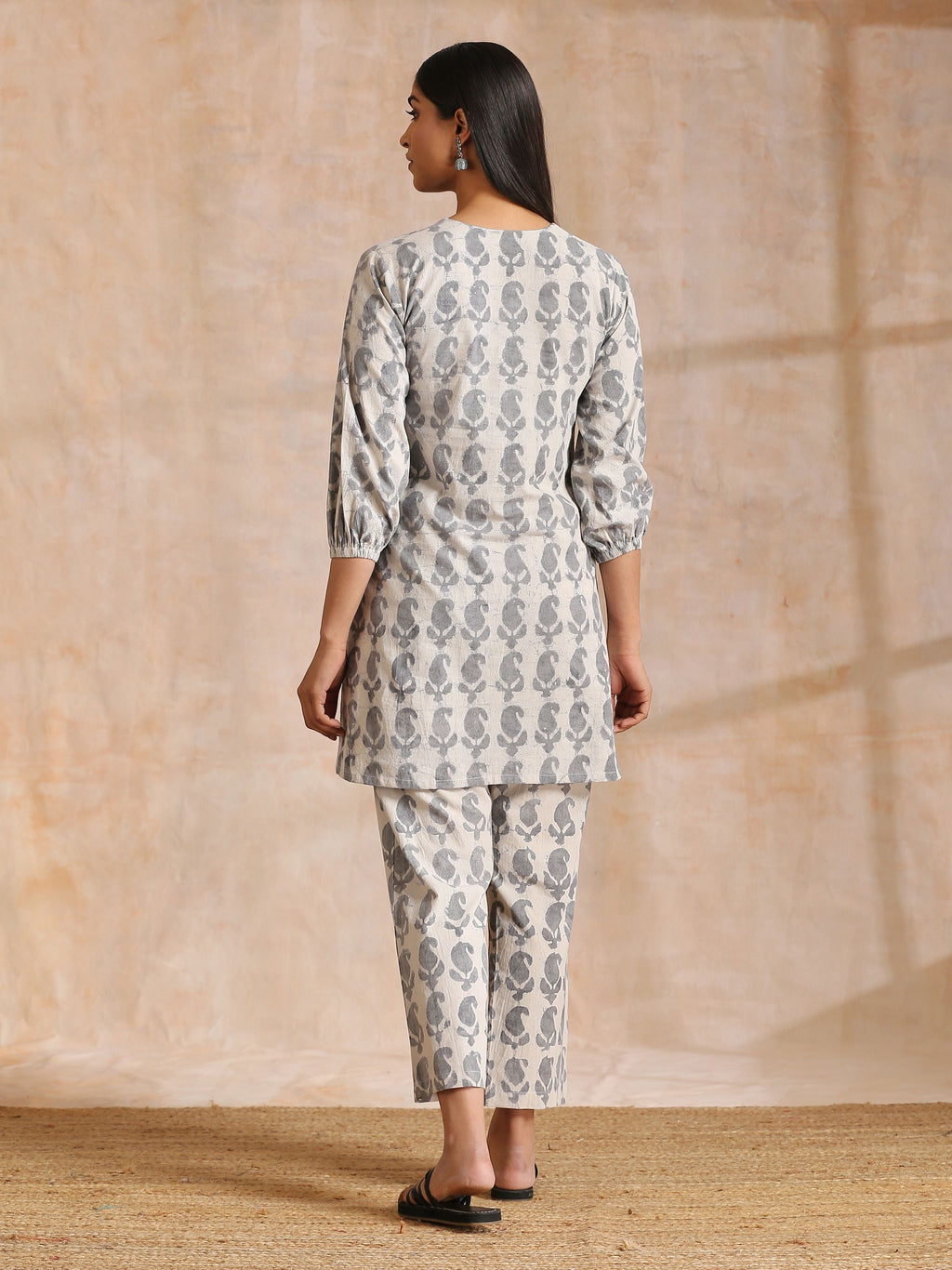 trueBrowns Grey Dabu Buta Print Cotton V-Square Neck Co-Ord Set | Grocsy