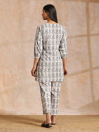 trueBrowns Grey Dabu Buta Print Cotton V-Square Neck Co-Ord Set | Grocsy