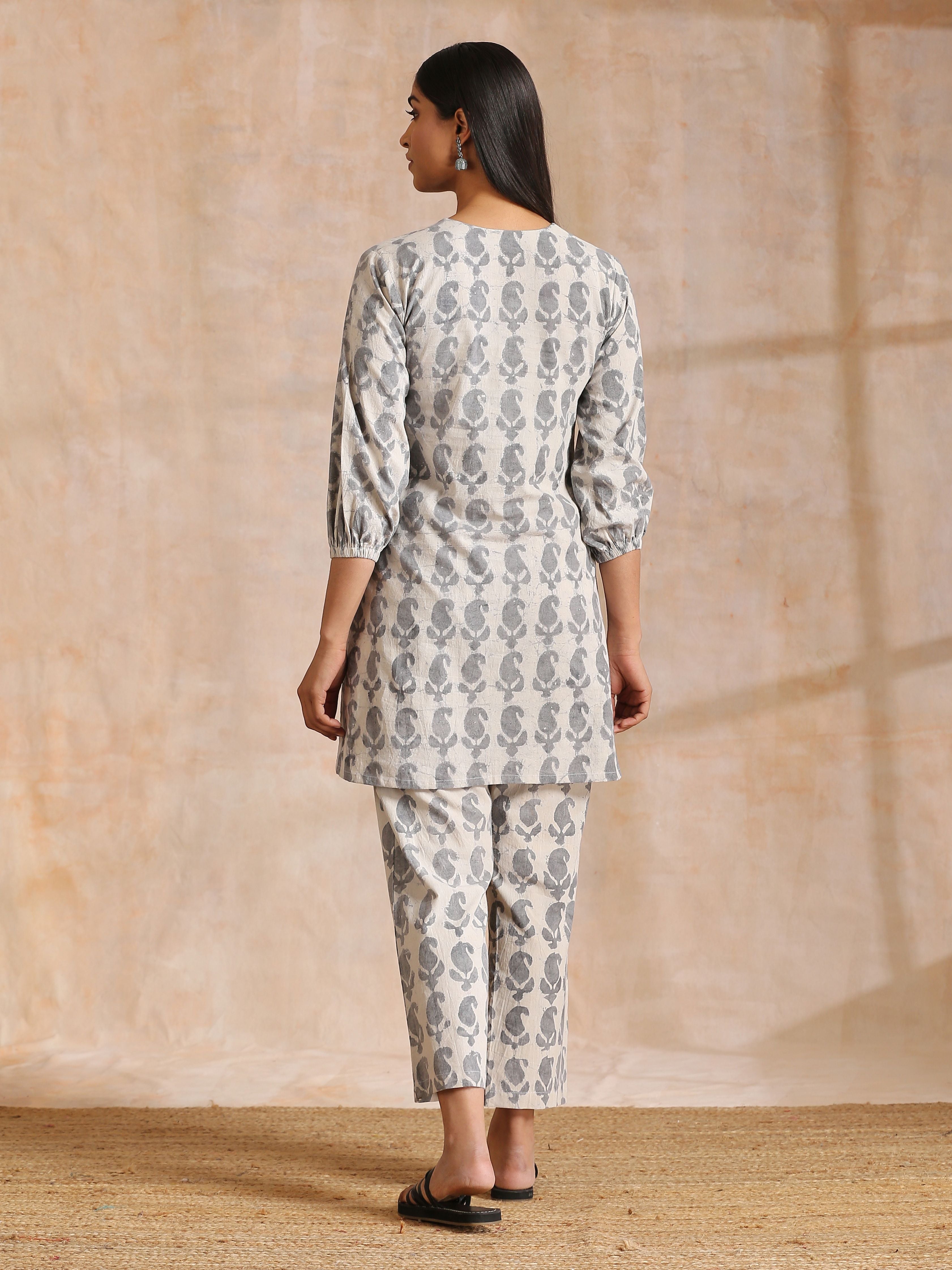 trueBrowns Grey Dabu Buta Print Cotton V-Square Neck Co-Ord Set | Grocsy
