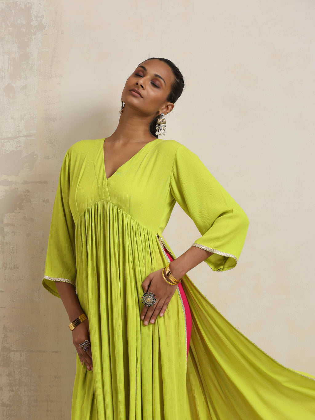 trueBrowns Lime Crinkle Anarkali Flared Kurta Set | Grocsy