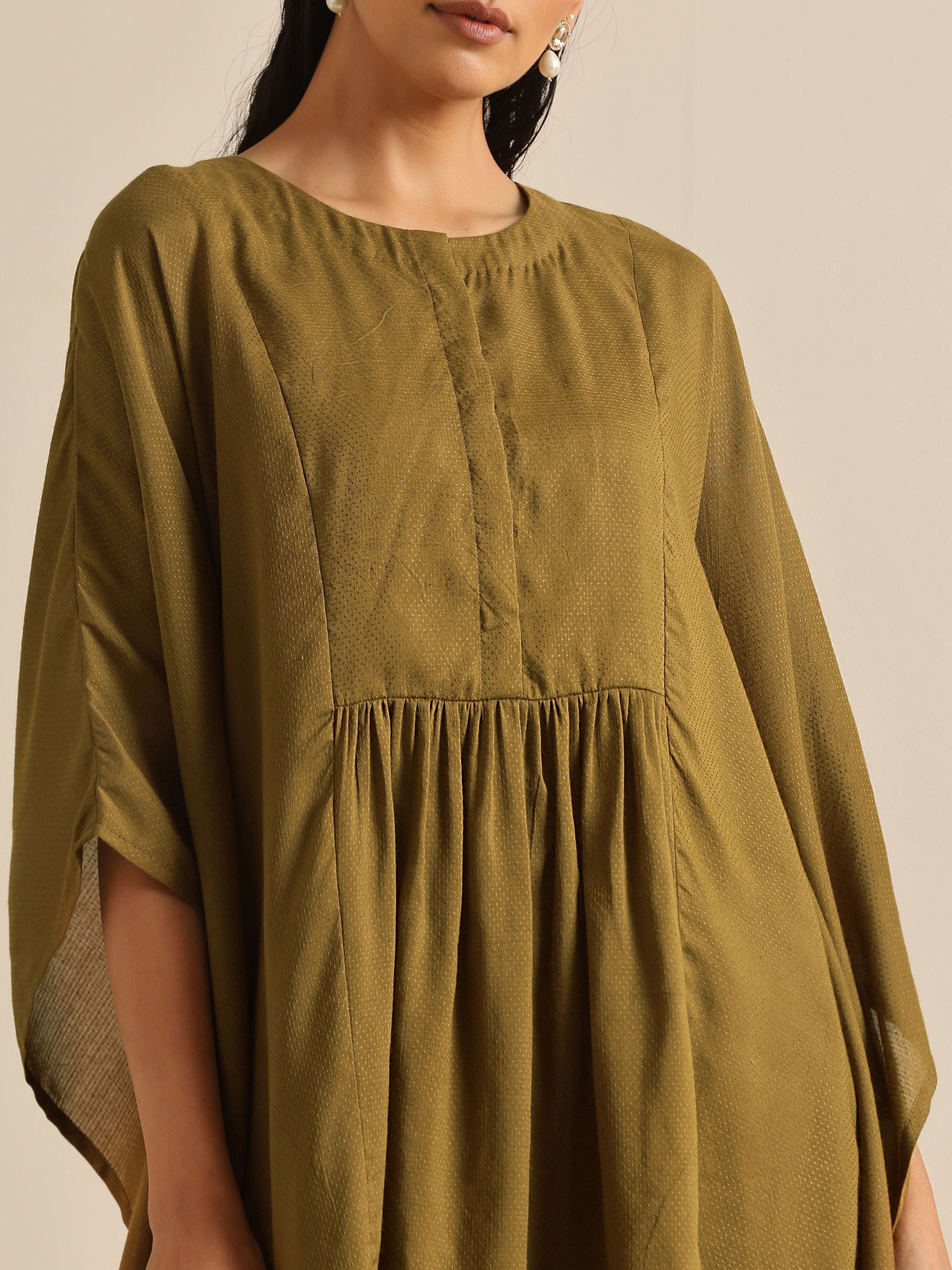 trueBrowns Olive Green Texture Doddy Kaftan Gathered Co-Ord Set | Grocsy