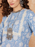 InWeave Women's Blue White Floral Square Lace Work Straight Kurta | Grocsy