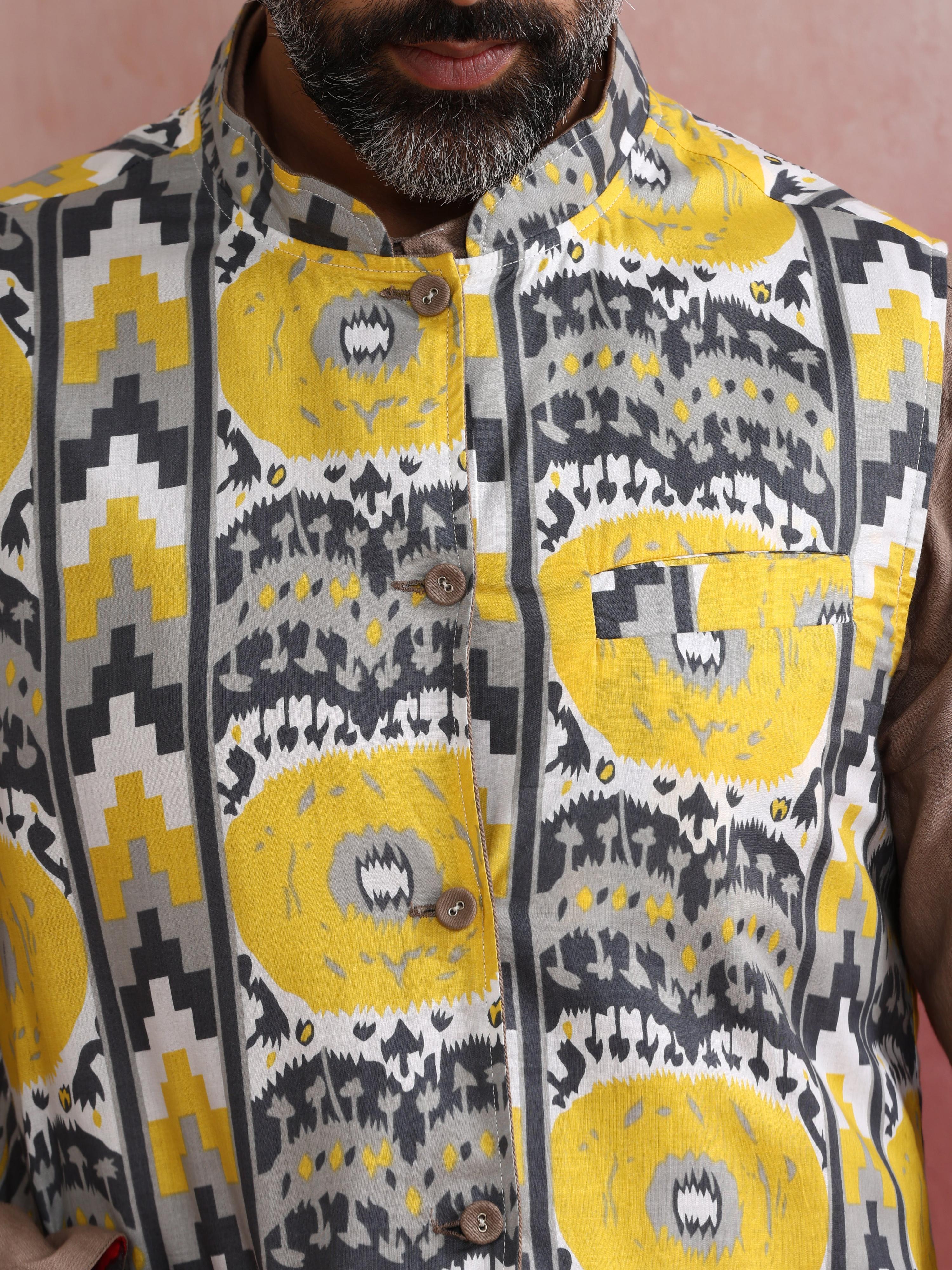 trueBrowns Men's Grey Ikat Print Cotton Reversible Nehru Jacket | Grocsy
