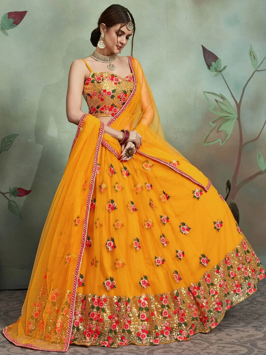 Tulsi Art Mustard Yellow Sequins Net Bridal Lehenga Choli | Grocsy