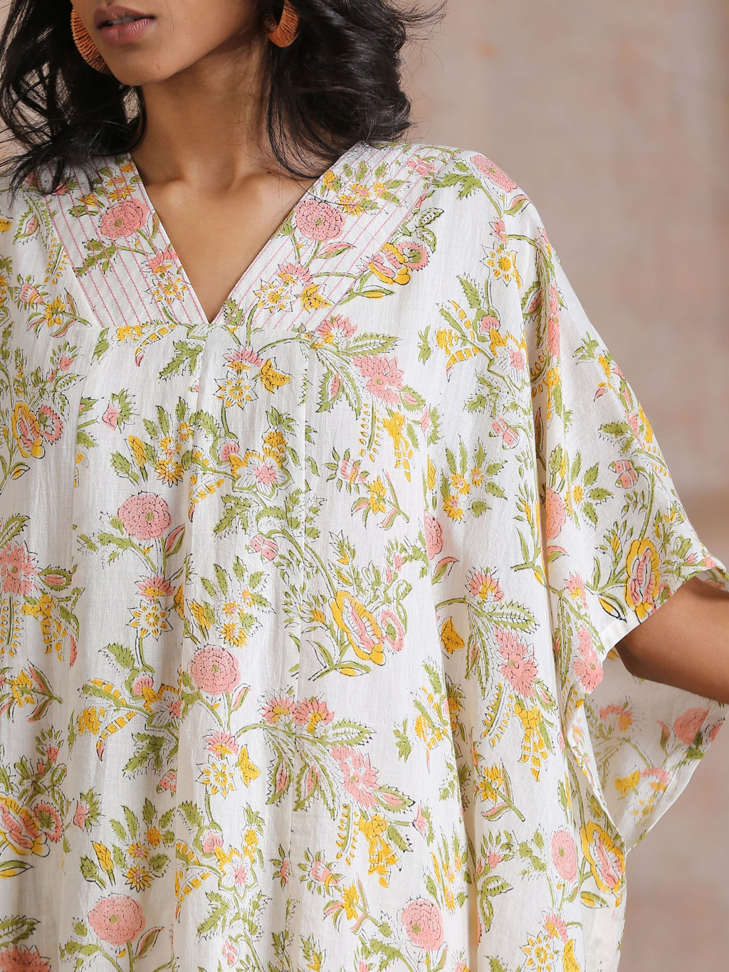trueBrowns Pink Yellow Floral On White Block Print Cotton Panel Kaftan Kurta Pant Set | Grocsy