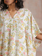 trueBrowns Pink Yellow Floral On White Block Print Cotton Panel Kaftan Kurta Pant Set | Grocsy