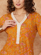 InWeave Women's Fire Yellow Print V Neck Lace Work Straight Kurta | Grocsy