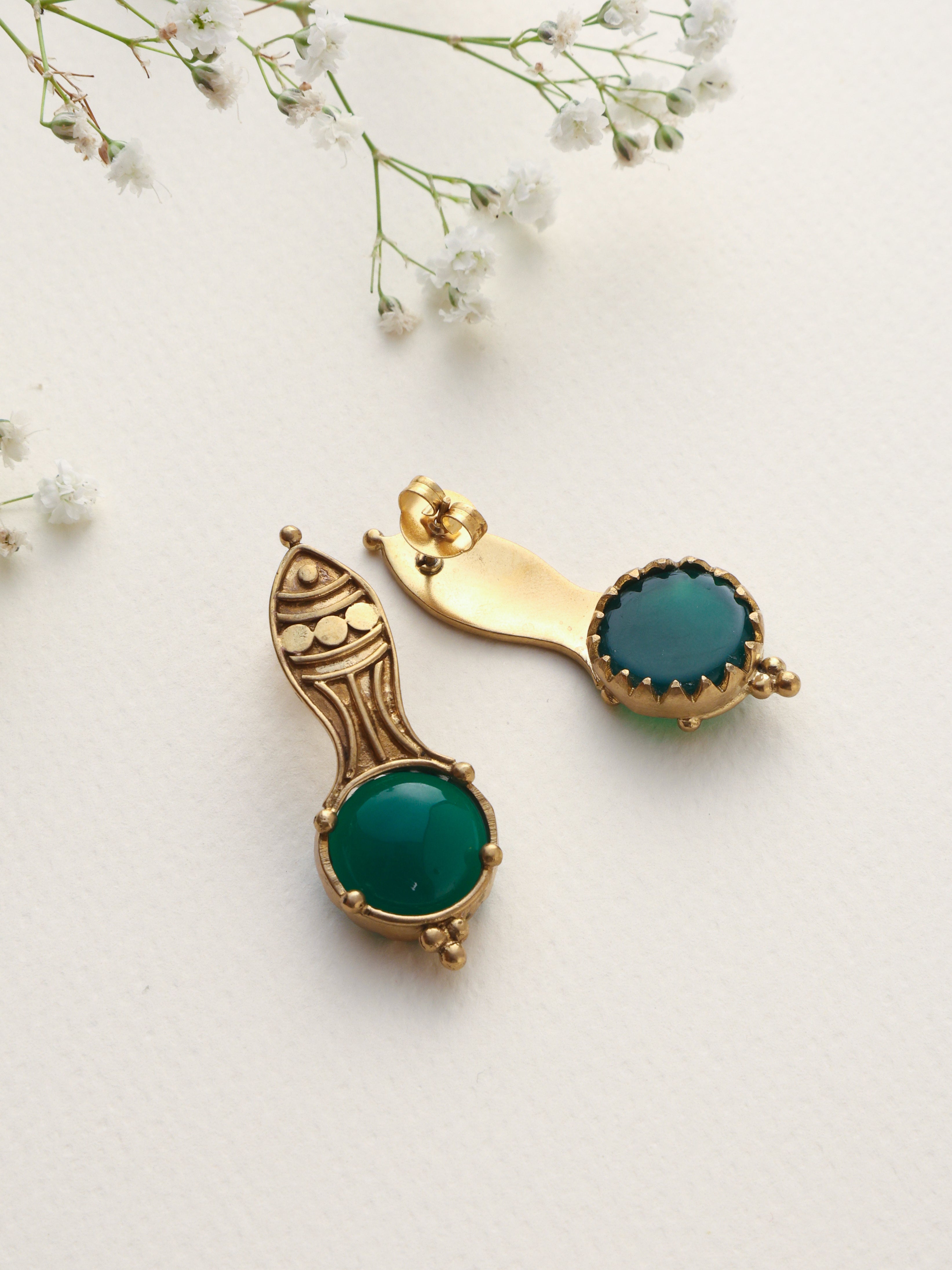 trueBrowns Brass Green Stone Abstarct Earrings | Grocsy