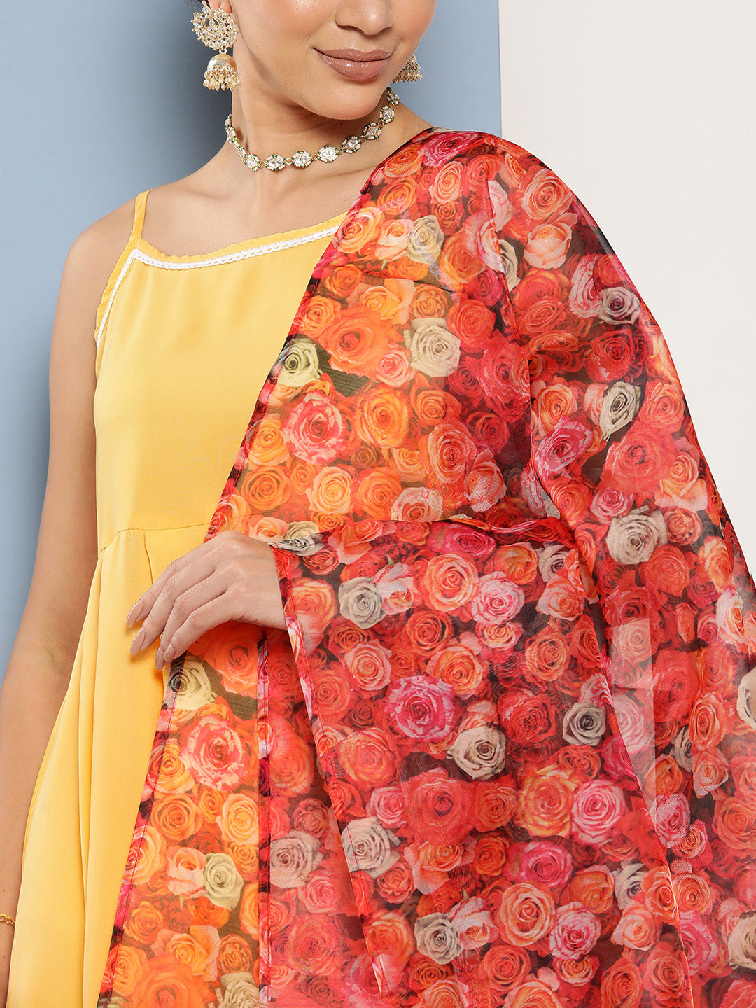 InWeave Women's Cassatta Yellow Cr Strappy Set With Rose Print Dupatta | Grocsy