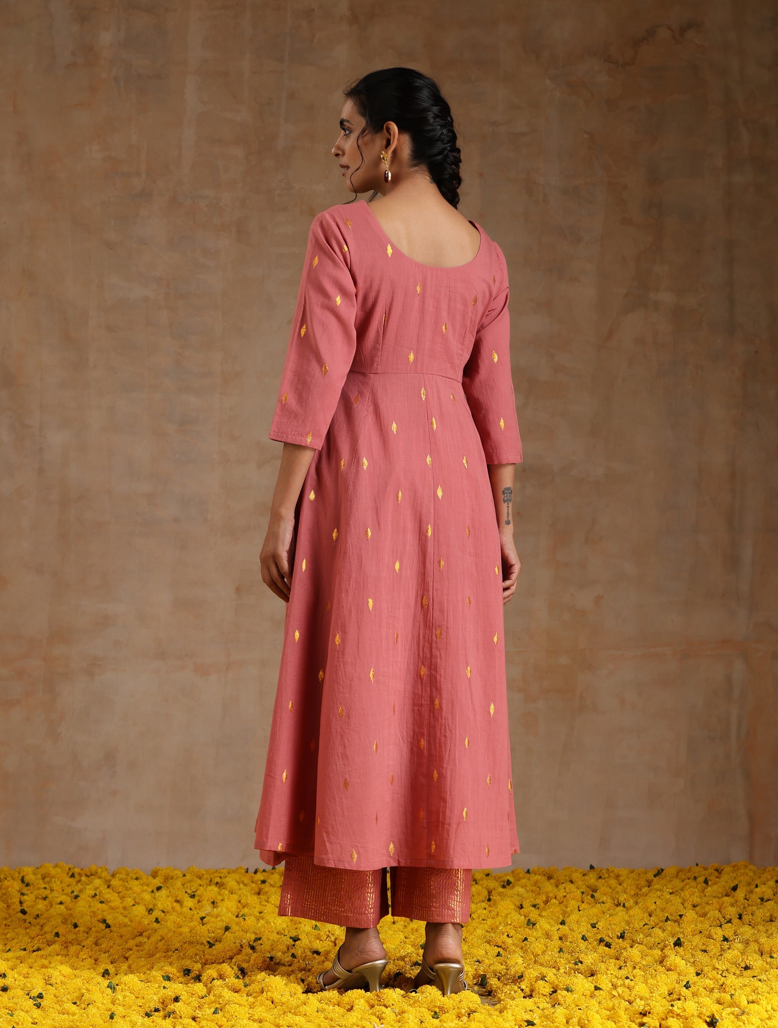 trueBrowns Blush Gold Cotton Anarkali Set | Grocsy