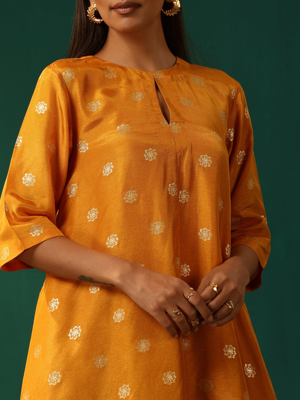trueBrowns Mustard Geometric Floral Viscose Silk Handkerchief Kurta Pant Set | Grocsy